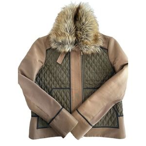 BCBG MaxAzria Jacket Brown Fur Detachable Collar Fitted Quilted Jacket size XXS